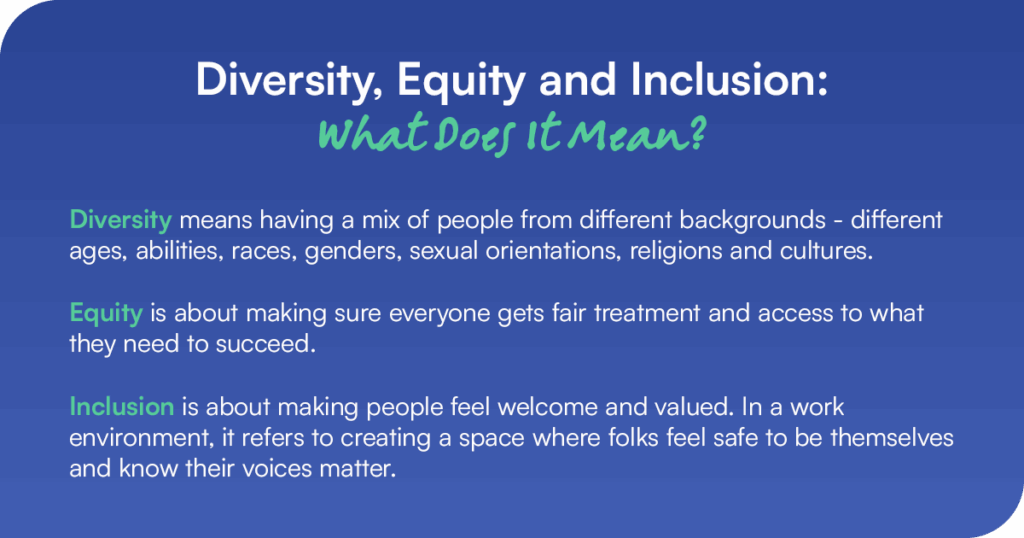 how to improve dei in the workplace - 

copy reads: 

Diversity, Equity and Inclusion – What Does It Mean? 
•Diversity means having a mix of people from different backgrounds — different ages, abilities, races, genders, sexual orientations, religions and cultures. 
•Equity is about making sure everyone gets fair treatment and access to what they need to succeed. 
•Inclusion is about making people feel welcome and valued. In a work environment, it refers to creating a space where folks feel safe to be themselves and know their voices matter. 


Diversity, Equity and Inclusion – What Does It Mean? 
•Diversity means having a mix of people from different backgrounds — different ages, abilities, races, genders, sexual orientations, religions and cultures. 
•Equity is about making sure everyone gets fair treatment and access to what they need to succeed. 
•Inclusion is about making people feel welcome and valued. In a work environment, it refers to creating a space where folks feel safe to be themselves and know their voices matter. 
