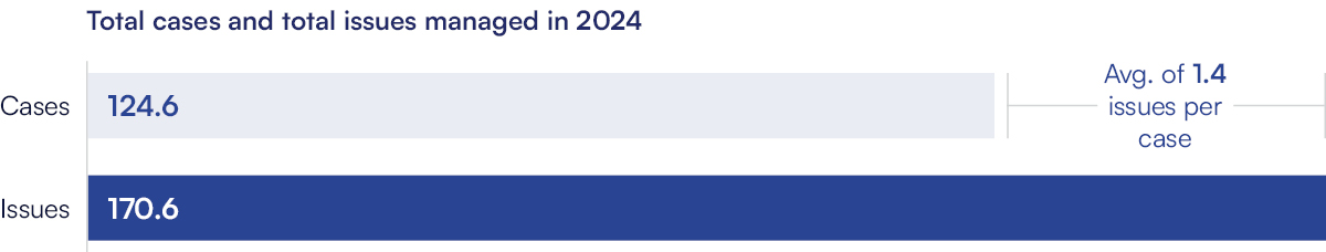 Total cases and total issues managed in 2024: Cases: 124.6 (1.4 issues per case) Issues: 170.6